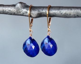 Natural Lapis Lazuli Earrings, Lush Gemstone Drops on Lever Back Closures, Sterling Silver or 14k Gold Fill Lightweight Earrings