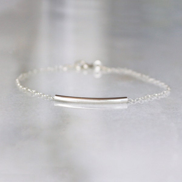 Silver Bar Bracelet, Minimal Layering Bracelet, Sterling Silver Delicate Anklet, Curved Tube on Chain, Dainty Minimalist Jewelry