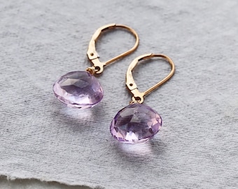 Amethyst Earrings, Light Purple Amethyst Drops on Gold Filled Lever Back Closure, Sparkly Lightweight Earrings