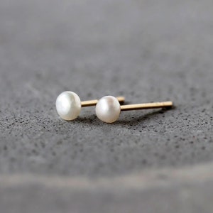 Tiny Pearl Studs, 14K Solid Gold Earrings, White Pearl Earrings, June Birthstone, Second Hole Earring