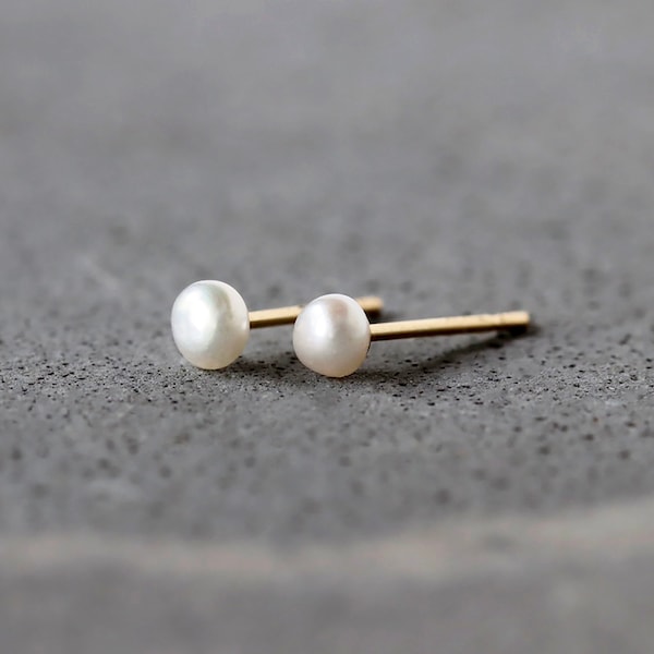 Tiny Pearl Studs, 14K Solid Gold Earrings, White Pearl Earrings, June Birthstone, Second Hole Earring