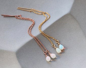 Opal Threader Earrings, Opal Teardrop Threaders, 14k Gold Filled or Rose Gold Filled Chains, October Birthstone Jewelry