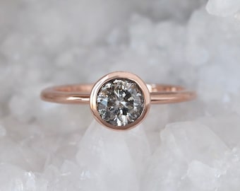 Salt and Pepper Diamond Ring, Round Brilliant Natural Gray Diamond, Solid 14k Rose Gold or Yellow Gold Ring