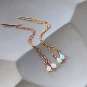 Opal Threader Earrings, Opal Teardrop Threaders, 14k Gold Filled or Rose Gold Filled Chains, October Birthstone Jewelry