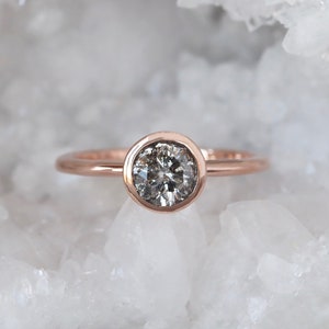 Salt and Pepper Diamond Ring, Round Brilliant Natural Gray Diamond, Solid 14k Rose Gold or Yellow Gold Ring