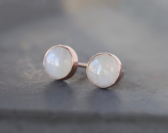Rainbow Moonstone Studs, 14k Yellow Gold or Rose Gold Post, Gold Moonstone Earrings, Classic Gemstone Studs