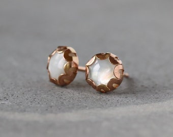 Pearl Stud Earrings, June Birthstone Gemstone Studs, White Mother of Pearl Earrings, 14k Gold Filled Posts