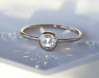 White Gold Rose Cut Diamond Ring, 14k Palladium White Gold, Round White Diamond Low Profile Ring with Hammered Band