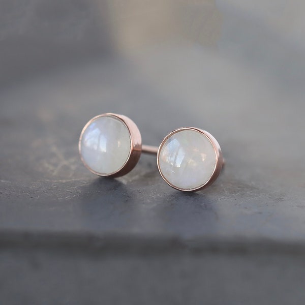 Rainbow Moonstone Studs, 14k Yellow Gold or Rose Gold Post, Gold Moonstone Earrings, Classic Gemstone Studs