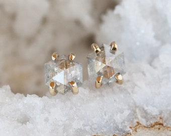 Diamond Hexagon Stud Earrings, Hexagonal Rose Cut Salt and Pepper Diamonds in Solid 14k Yellow Gold, Natural Diamond Earrings