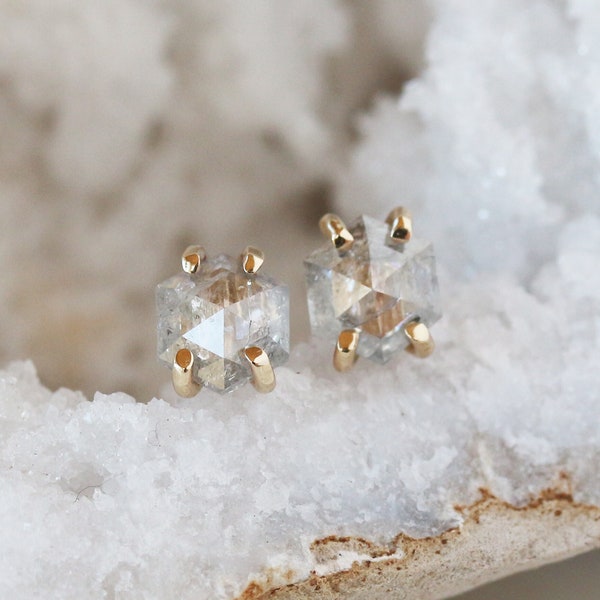 Diamond Hexagon Stud Earrings, Hexagonal Rose Cut Salt and Pepper Diamonds in Solid 14k Yellow Gold, Natural Diamond Earrings