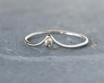 Tiny Diamond Chevron Ring, Sterling Silver Peak Ring with 2mm Salt and Pepper Diamond, Genuine April Birthstone Jewelry