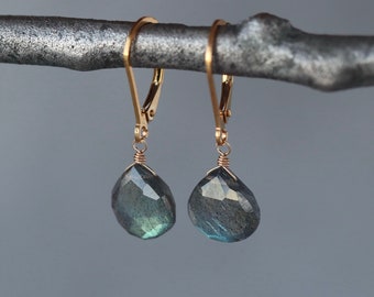 Labradorite Drop Earrings, Gray Gemstones with Blue Green Flash on Gold Filled Lever Back Closure, Sparkly Lightweight Earrings