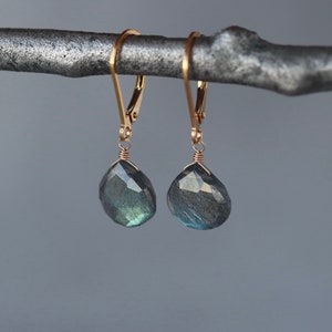 Labradorite Drop Earrings, Gray Gemstones with Blue Green Flash on Gold Filled Lever Back Closure, Sparkly Lightweight Earrings image 1