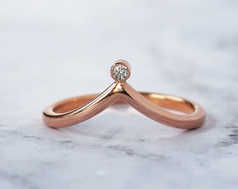 Diamond Chevron Ring, 14k Rose Gold Wedding Band, Diamond Crown Ring, Contour Wave V Ring, Curved Diamond Ring