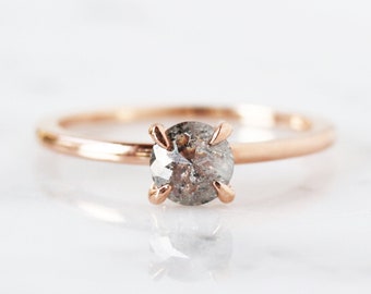 Diamond Solitaire Ring, 14k Rose Gold Band, Rose Cut Salt and Pepper Diamond, 4 Prong Setting