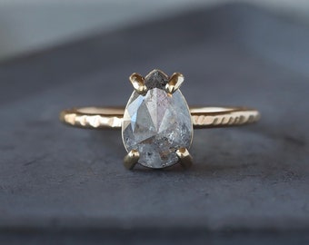 Rose Cut Pear Diamond Ring, Salt and Pepper Engagement Ring, 14k Yellow Gold Hammered Band -- Tree Bark Texture