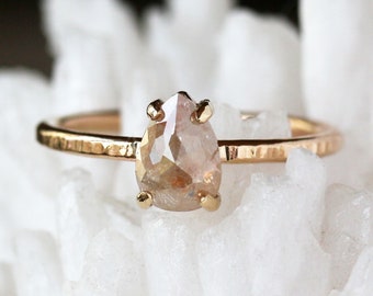 Rose Cut Pear Natural Diamond Ring, Unique Engagement Ring, 14k Yellow Gold Hammered Band