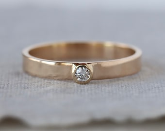 Low Profile Diamond Ring, 14k Yellow Gold Gender Neutral Engagement Ring, Conflict Free Solitaire Ring, Small Diamond Band