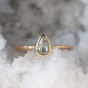 Pear Diamond Ring, 14k Gold Hammered Band, Conflict Free Solitaire Ring, Teardrop Diamond