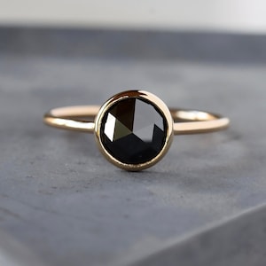 Black Diamond Ring, Large Round Rose Cut Diamond, Solid 14k Yellow Gold Ring, Unique Engagement Ring