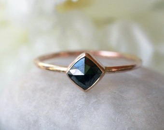 Square Diamond Ring - Rose Cut Black Diamond - Solid Gold Band - Princess Cut Diamond