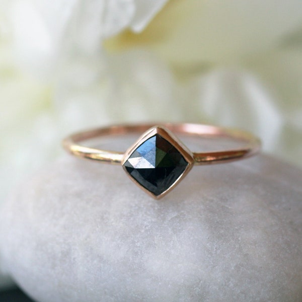 Square Diamond Ring - Rose Cut Black Diamond - Solid Gold Band - Princess Cut Diamond