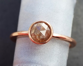 Rose Cut Natural Color Diamond Ring, Solid 14k Rose Gold Band, Your Choice Round Diamond, Simple Engagement Ring