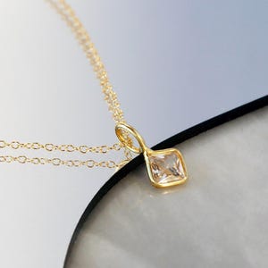 Square Cubic Zirconia Pendant Necklace - Gold Vermeil Bezel Setting - 14k Gold Filled Chain