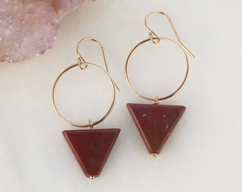Jasper Triangle Earrings, Burgundy Gemstone Drops on Open Circles, 14k Gold Filled Modern Gemstone Jewelry