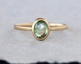 Green Sapphire Ring, Oval Rose Cut Sapphire, Brushed Satin Matte Solid 14k Gold Band, Antique-Inspired Ring