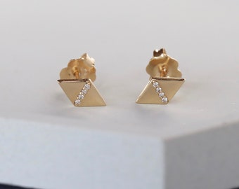 Geometric Diamond Stud Earrings, Real Diamond Earrings, Solid 14k Gold Kite Shape Studs, Pavé Set Diamonds