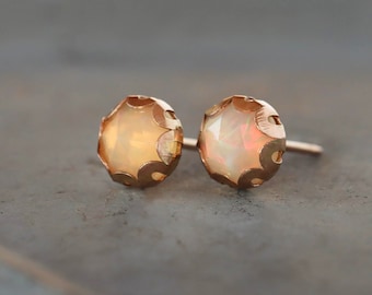 Rose Cut Opal Stud Earrings, October Birthstone Gemstone Studs, Opal Earrings, 14k Gold Filled Posts