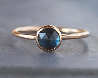 Rose Cut Blue Sapphire Ring, Solid 14k Gold Hammered Band, American Mined Montana Sapphire, September Birthstone Ring