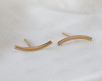 Curved Line Earrings - Gold Line Studs - Solid 14k Gold Minimalist Earrings - Single or Pair of Gold Posts