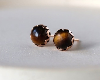 Tiger's Eye Stud Earrings, Gemstone Post Earrings, 14k Gold Filled Studs, Unique Gem Earrings