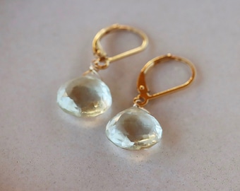 Green Amethyst Earrings, Light Prasiolite Drops on Lever Back Closure, Silver or Goldfill Sparkly Lightweight Earrings
