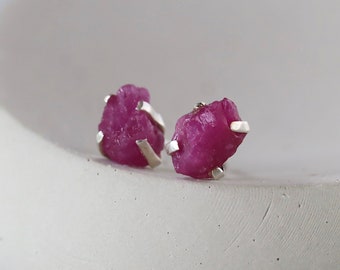 Raw Ruby Studs, Rough Ruby Stud Earrings, Sterling Silver Prong Set Gems, July Birthstone Jewelry