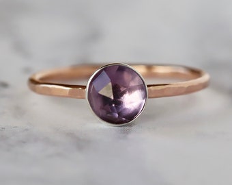 Rose Cut Amethyst Ring, Solid 14k Yellow Gold or Rose Gold Hammered Band, February Birthstone Ring