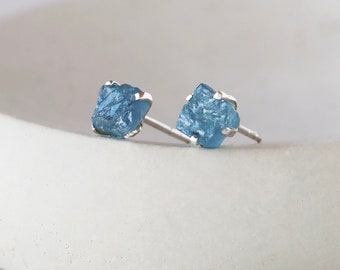 Raw Aquamarine Studs, Rough Aquamarine Stud Earrings, Sterling Silver Prong Set Gems, March Birthstone Jewelry