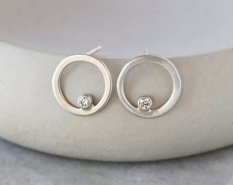 Genuine Diamond Open Circle Earrings, Brushed Sterling Silver Diamond Circle Studs, Open Circle Diamond Stud Earrings
