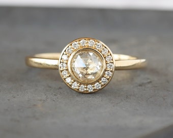 Rose Cut Diamond Halo Ring, Brilliant White Diamond, Solid 14k Rose Gold or Yellow Gold Band, Genuine Half Carat Diamond