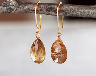 Golden Rutilated Quartz Earrings - 24k Gold Vermeil Ear Wires - Gold Gemstone Earrings - Gem Teardrops