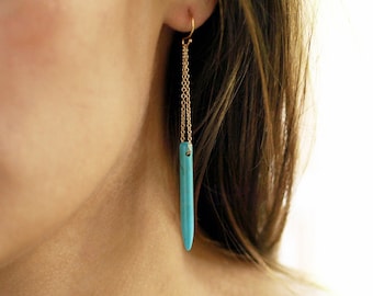 Turquoise Howlite Spike Earrings,  14k Gold Filled Long Dangle Earrings, Turquoise Stone Spike
