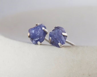 Raw Tanzanite Studs, Rough Tanzanite Stud Earrings, Sterling Silver Crystal Nugget Claw Studs, December Birthstone Jewelry