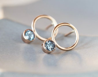 Aquamarine Circle Studs, Gold Open Circle Gemstone Stud Earrings, 14k Gold Filled Aquamarine Earrings, March Birthstone Gift for Her
