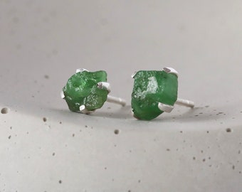 Raw Emerald Studs, Rough Emerald Stud Earrings, Sterling Silver Prong Set Gems, May Birthstone Jewelry