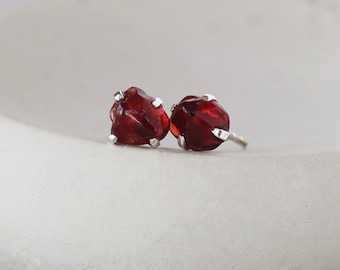 Raw Garnet Studs, Rough Garnet Stud Earrings, Sterling Silver Prong Set Gems, January Birthstone Jewelry