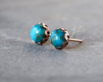 Turquoise Studs, 14k Gold Filled Scalloped Post Earrings, Genuine American Turquoise, December Birthstone Jewelry