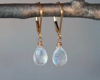 Moonstone Drop Earrings, White Gemstones with Blue Flash on Gold Filled Lever Back Closure, Sparkly Lightweight Earrings, June Birthstone